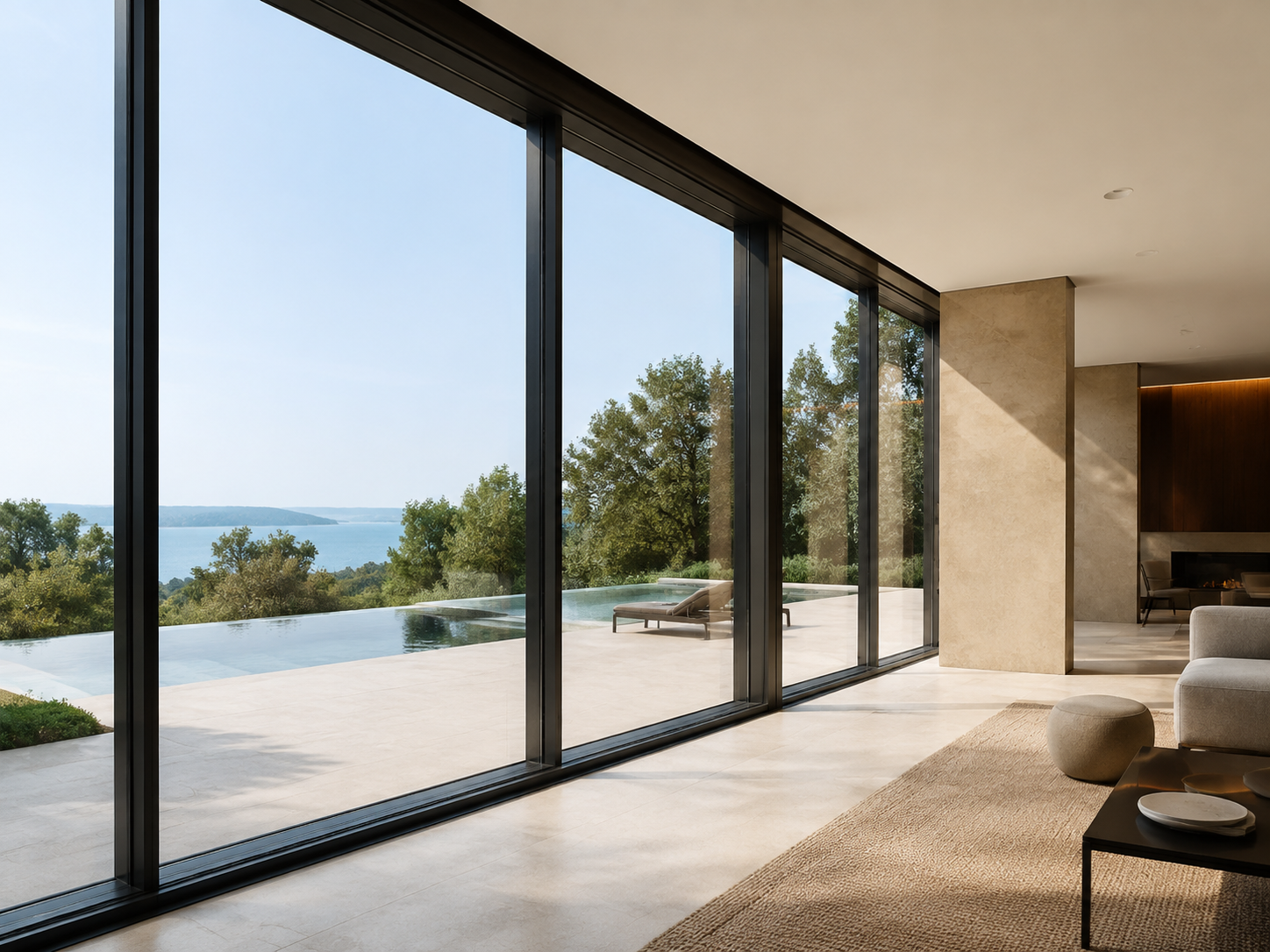 Full-height black aluminium windows overlooking a pool and landscape