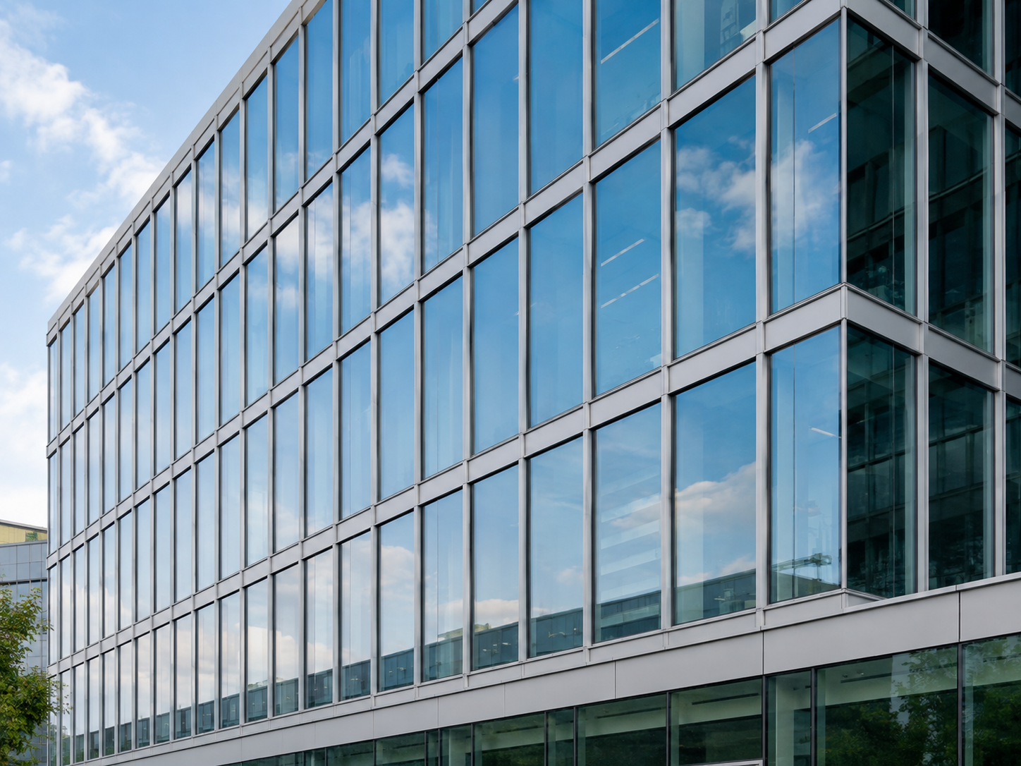 Commercial building with aluminium and glass curtain wall façade system