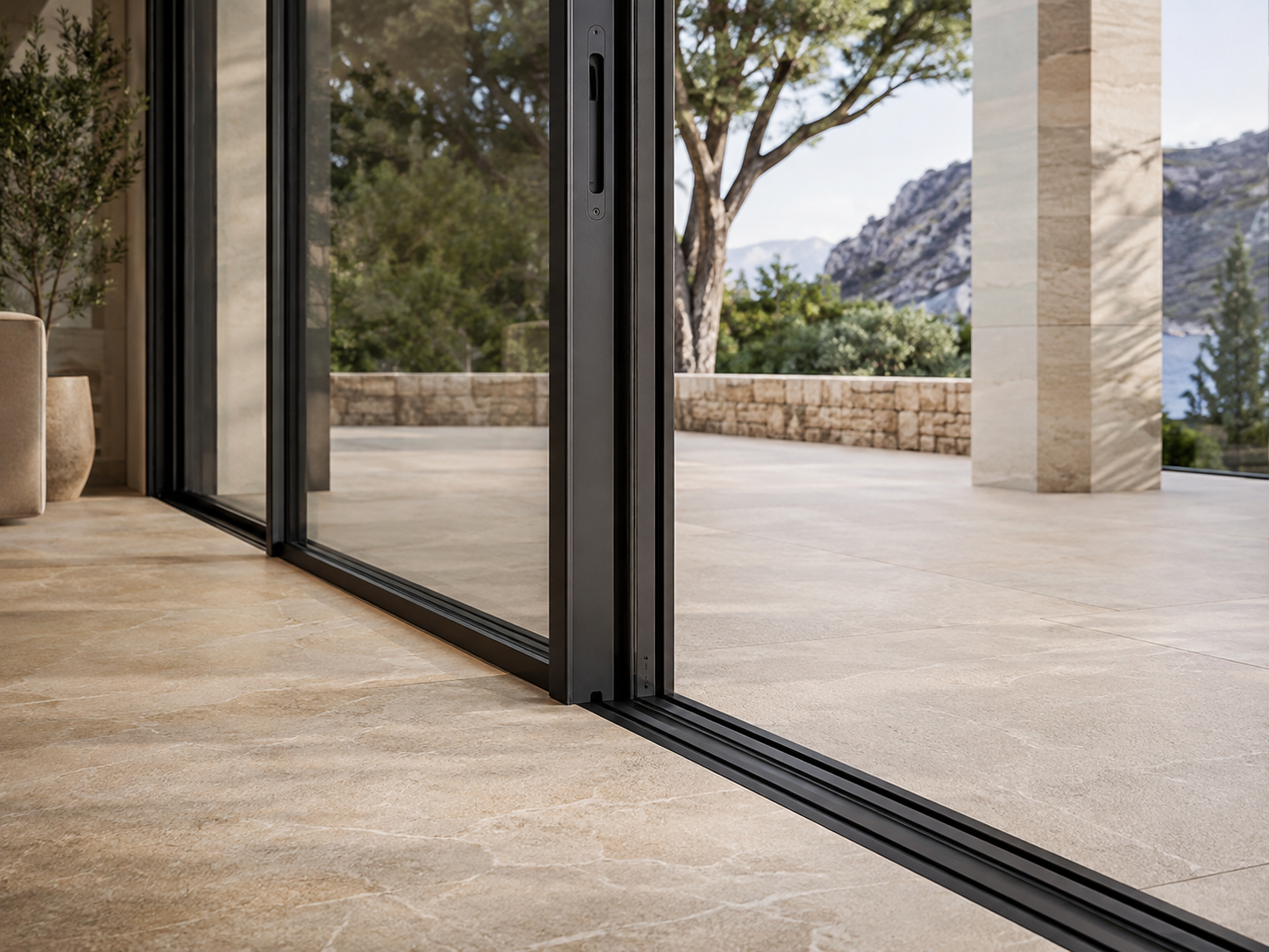 Large-span aluminium sliding doors opening onto a stone terrace